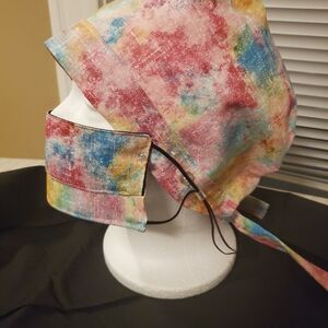 Colorful Hand Crafted Multi Color Scrub Cap and Mask Set Cotton Adult Sz